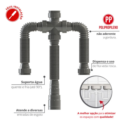 Sifão Sanfonado Triplo Cinza 72 Cm Durín