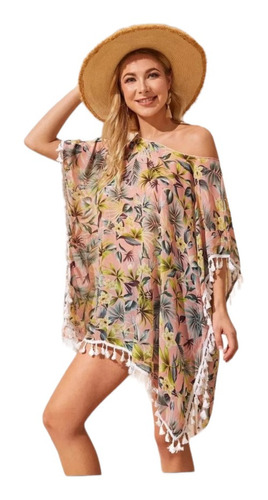 Cover Up Bajo Con Fleco Con Estampado Floral Tropical