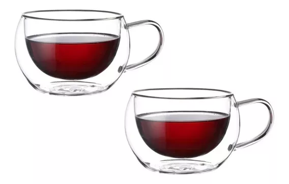 Taza Mug Doble Vidrio X 2u Te Cafe Infusiones Con Asa 180 Ml