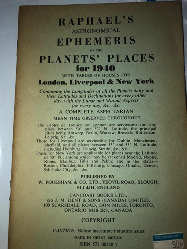 Raphael : Efemérides Para El Año 1940 Astrologia