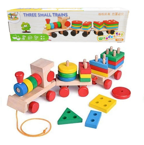 Tren Madera Bloques Formas Juego Didactico Niños Trenes X3