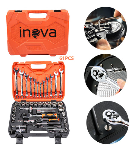 Jogo De Ferramentas 61 Peças Manual Kit Chaves Profissional,jogo De Soquete Chave Catraca Combinada Allen Maleta,kit Ferramenta Jogo Soquete Chave Combinada Catraca,com Encaixes De 1/2 E 1/4 Polegada