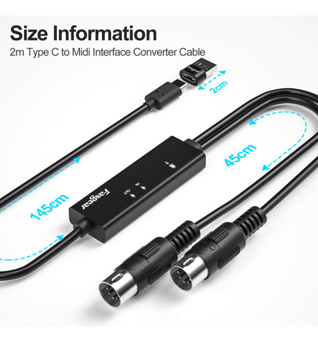 Cable Midi Usb C Fasgear Con Adaptador Tipo C A Usb, 6 Pies.