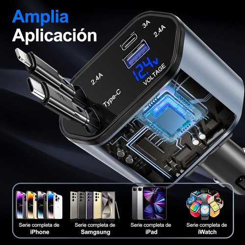 4 En 1 cargador retráctil de coche de carga rápida de 120w cargador carga rapida gris oscuro cables 80cm Vone usb-c color negro