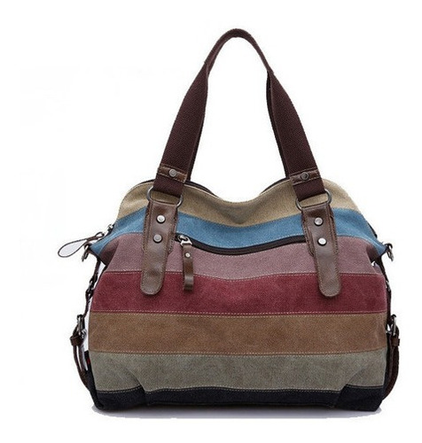 Bolso De Hombro Vintage Casual De Lona A Rayas De Gran Capac