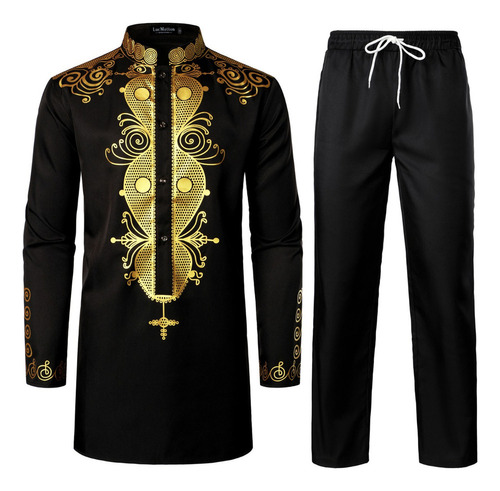 2 Peças De Terno Africano Estampado Dourado, Camisa E Calça