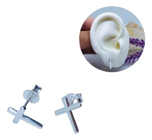 comprar Aros De Plata 925 Con Dije Diseño Cruz Chata Cierre Mariposa