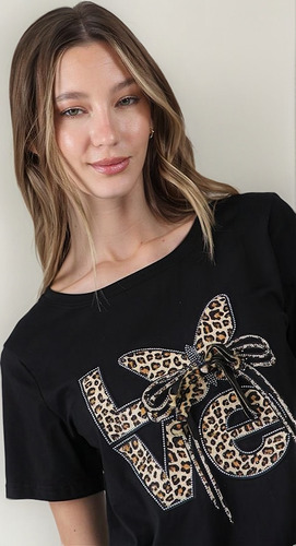 Remera Premium Estampada Love Moño Print Con Brillos Gu03526