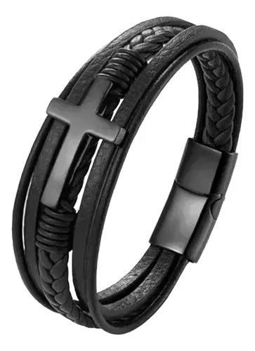Pulsera Multicapa De Cruz Trenzada De Cuero Con Broche