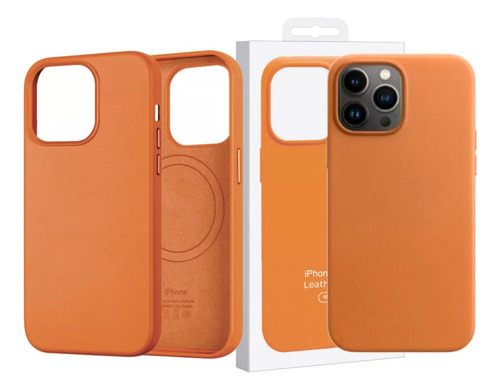 Capa De Couro Marrom Dourada Magsafe Para iPhone 14 Plus