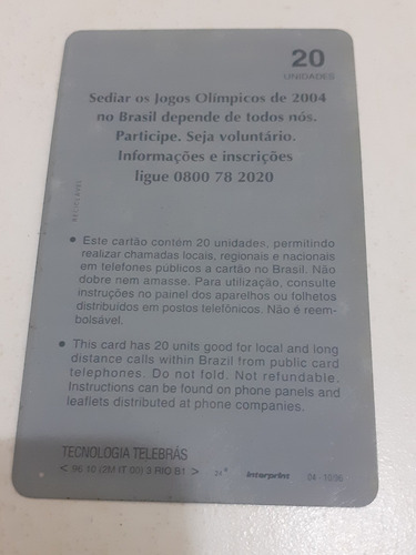 Cartão Telefônico Telebrás Rio 2004 Candidata Olimpíada (Usado)