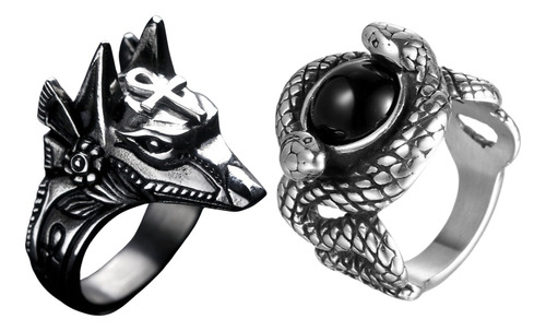 2 Anillos Unisex Anubis Dios Egipcio Agata Serpiente A237