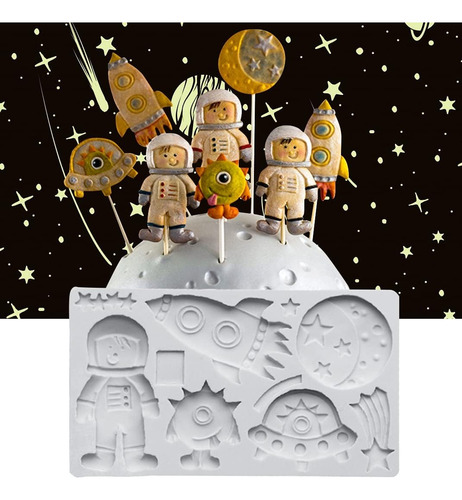 Molde Silicona Astronauta Nave Espacial Xl Fondant Porcelana Color Blanco