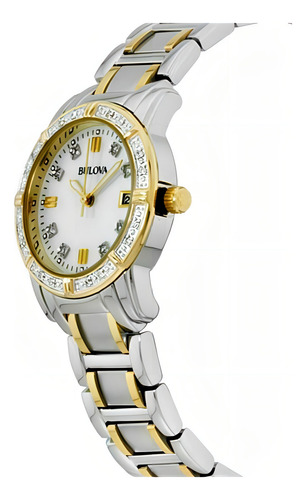 Visera de reloj Bulova 98r107 Bco con perlas, diamantes y cristales, color plata y oro, chapada en oro, bisel dorado con cristales, color de fondo blanco perlado