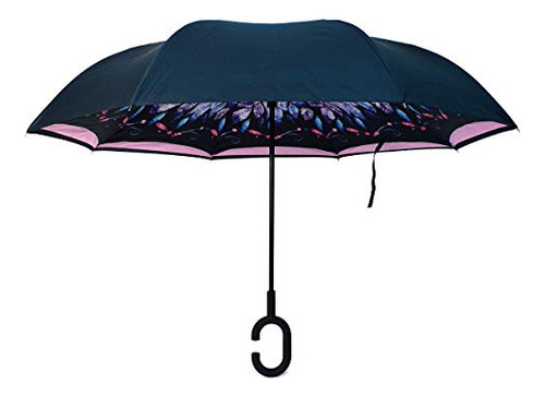 Paraguas Invertidos De Doble Capa Con Plumas Rosas - C Sha
