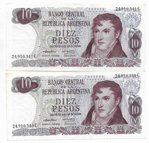 !!! 10 Pesos Ley 18188 Correlativos X 2 1974 Sin Circular !!