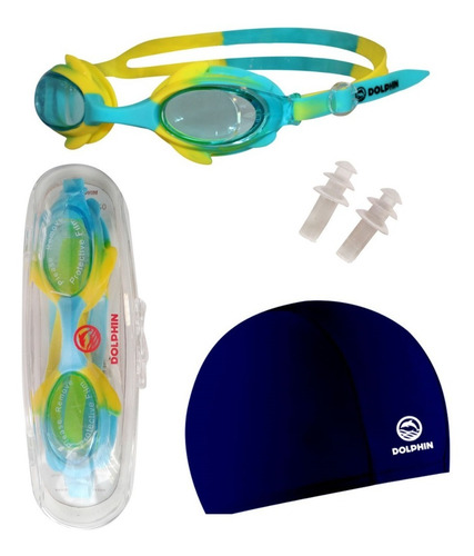 Antiparras Natación Lente + Gorro Lycra Estuche Tapones Color 916amarillo/azul