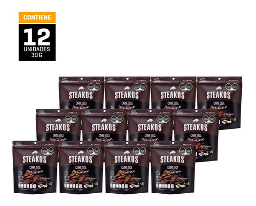 Carne Seca Steakos, Sabor Bbq, 30g (pack De 12 Pzs)