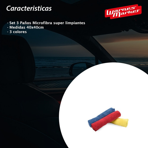 Imagen 2 de 8 de Set 3 Paños Microfibra 40x40cm Limpieza Automotor Multiuso
