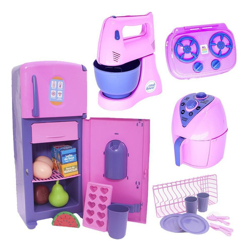 Brinquedo Menina Cozinha Geladeira Comida Eletro Fogão 23pç