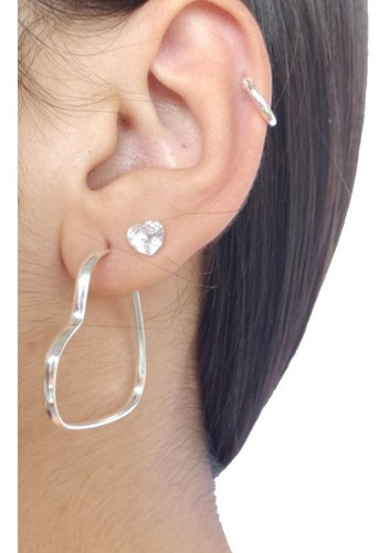 Trio Conjunto Brinco Argola Coração Pedra Zirconia Prata 925