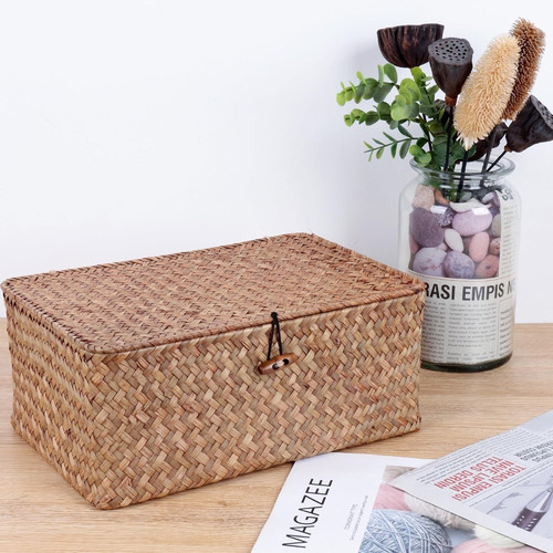 Cesta Con Tapa, Cesta De Almacenamiento Rectangular Tejida