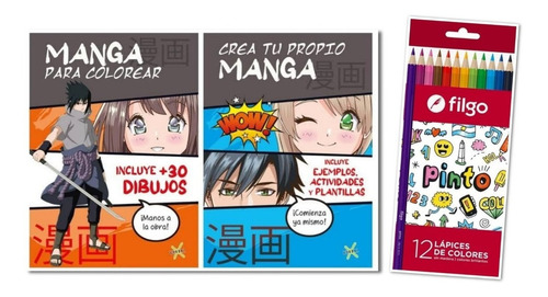Lote X 2 Libros Crea Manga + Colorea Manga + 12 Lapices