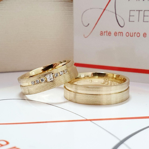 Par Alianças Ouro 18k Grossa 6mm Com Brilhantes Anatômicas