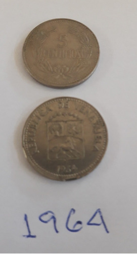 Monedas Venezolanas De 5 Céntimos Del Año 1945, 58, 64 Y 65