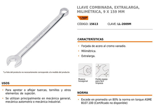 Imagen 5 de 10 de Llave Combinada 9 X 157 Mm Por Unidad Extrlarga Truper