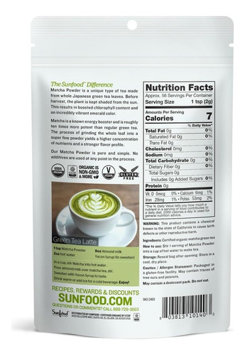 Sunfood Superfoods Matcha Té Verde En Polvo | Bolsa De 4 Onz