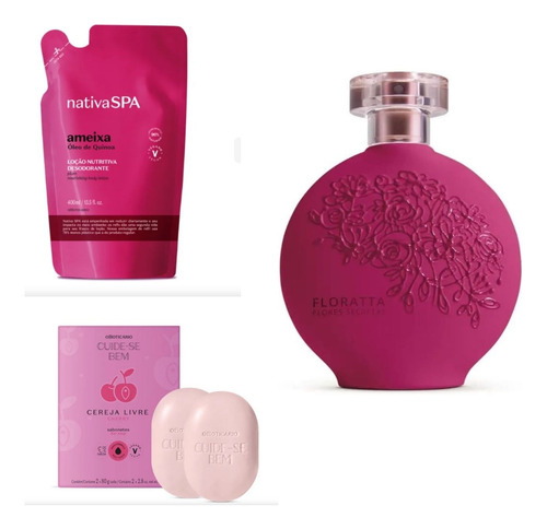 Combo O Boticário Floratta Flores Secretas Deo Colônia 75ml + Loção Refil Hidratante Ameixa + Sabonete Barra Cereja 2un X 80g