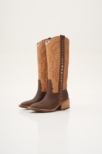 Botas Texanas Mujer Cuero Taco Medio Tachas Bordados Herol