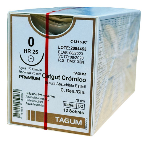 Sutura Catgut Cromico 0 Aguja 1/2 De 25mm Tagum Caja C/12