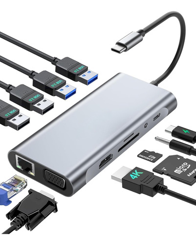 Hub Usb C 11 En 1 Con Hdmi 4k, Usb 3.0, 100 Wpd, Vga, Tarjet