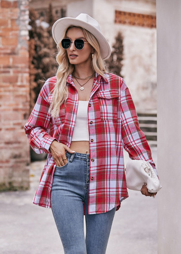Camisa A Cuadros Mujer Moda Casual Manga Larga Con Botones