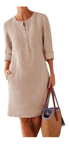 Casual Ladies Cotton Linen Loose Dress Botton Mi