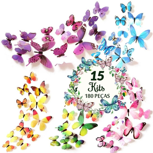 15 Kits 180 Pcs Borboletas 3d Tridimensionais Decoração