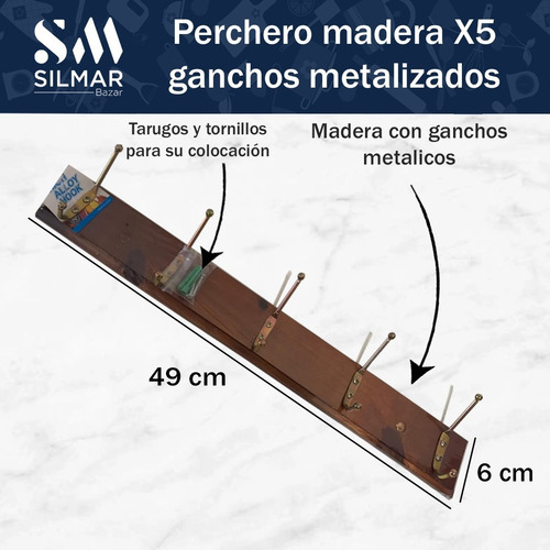 Perchero Pared Madera Metal X5 Ganchos Silmar