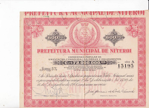 Apolice  Prefeitura Municipal De Niteroi - Rio Janeiro 1948
