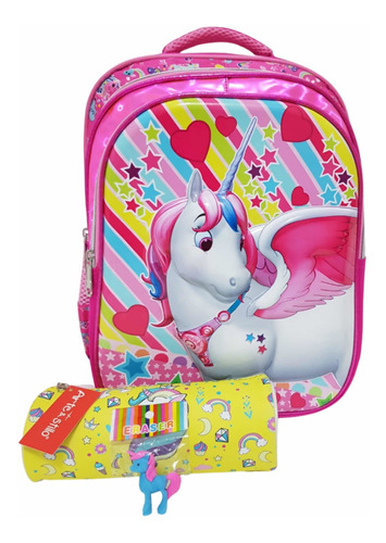 Set Escolar Unicornio! Mochila, Cartuchera, Goma!