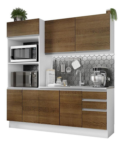 Cozinha Compacta Madesa 100% Mdf Acordes 2 Gavetas 8 Portas Acabamento do móvei Pintura Poliéster de Alta Resistência Cor Rustic/Branco