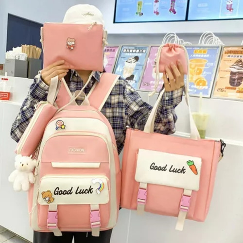 Kit De Mochila Juvenil #510 Incluye 5 Pzs Moda Kawaii