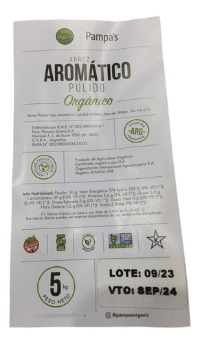 Arroz Aromático Blanco Orgánico Pampa Rice 5kg