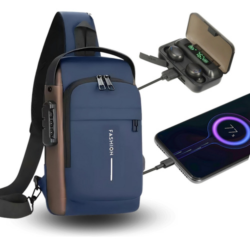 Combo Mochila Antirrobo Usb + Powerbank + Auriculares F9 Azul/dorado Liso