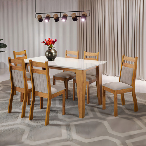 Mesa De Jantar 6 Lugares Beach Com Vidro Mel/perola/off Pés Bege