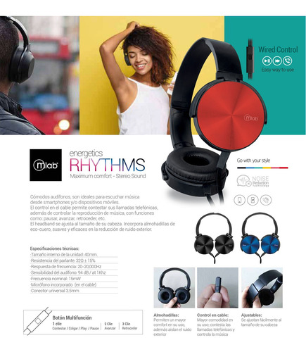 Audífonos Mlab C/mic Energetics Rhythms Red