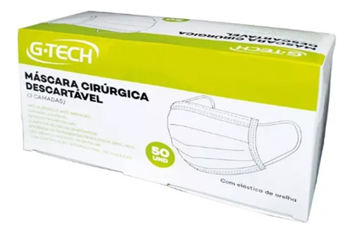Kit 5 Mascara Cirurgica G-tech 50 Unidades Por Caixa Cor Azul Desenho Do Tecido Liso