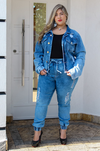 Imagem 5 de 5 de Conjunto Feminino Jeans Jaqueta E Calça Plus Size Inverno