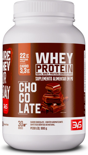 100% Whey Protein Concentrado 900g Sabor: Chocolate - Proteína 100% Pura - 3vs Nutrition